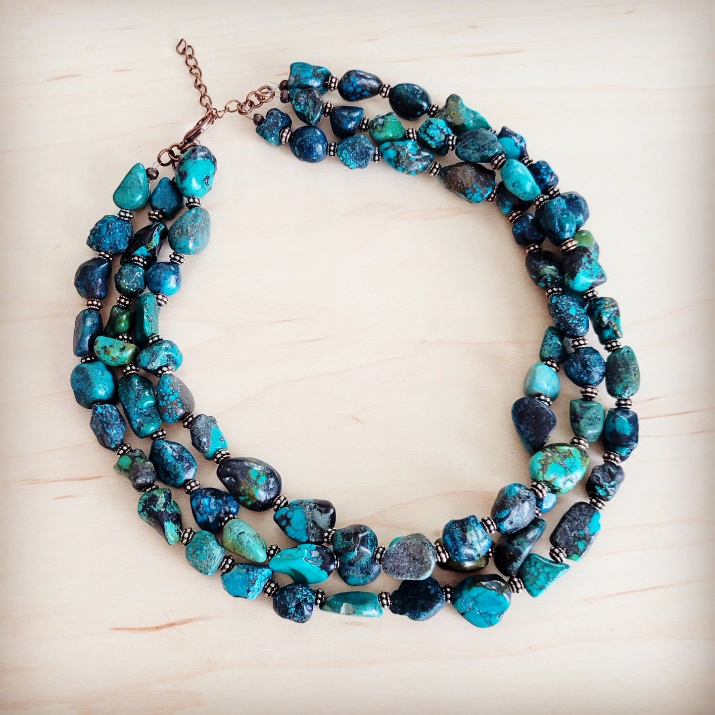 Large Triple Strand Natural Turquoise & Copper Collar Necklace 252y