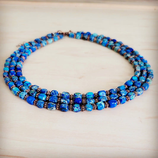 **Triple Strand Layered Boho Denim Regalite Necklace 264k