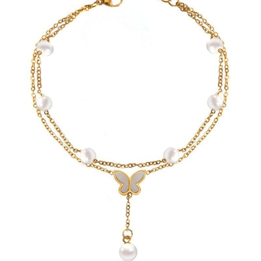 18K Gold Double Pearl Butterfly Pendant Shell Foot Ring Titanium Steel Anklet