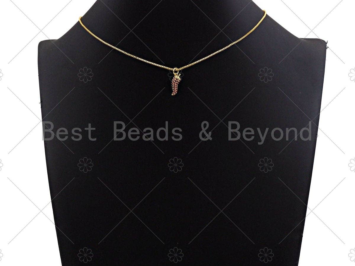 Fuchsia CZ Micro Pave Chili Pepper Shape Pendant/Charm, Pepper Cubic Zirconia Pendant, Silver/Gold/Rose Gold/Black Tone, 6x16mm, Sku#Y283