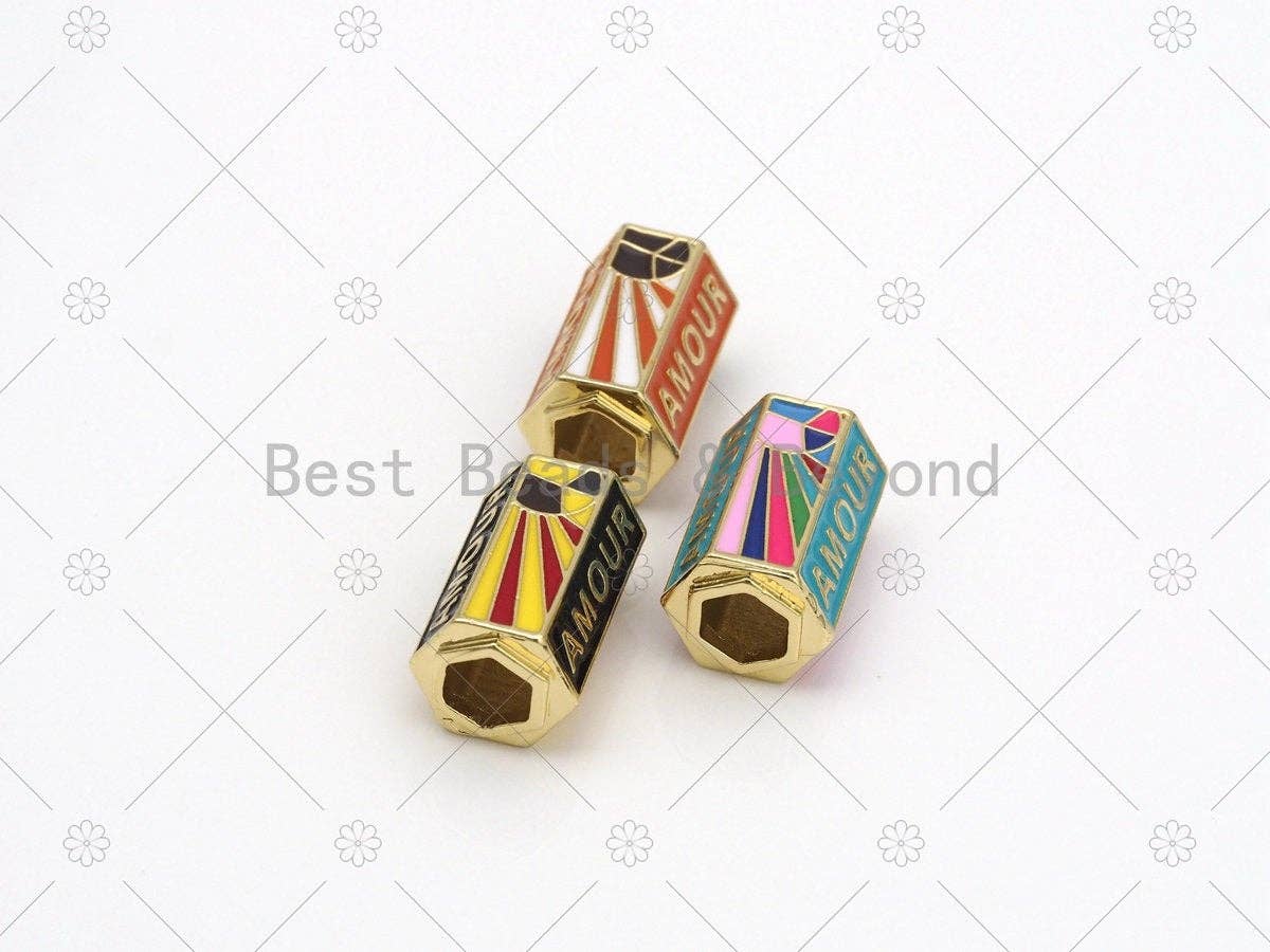 Gold Amour Word with Rainbow Enamel On Hexagon Shape Large Hole Tube Spacer Beads, 18K Gold Filled Drum Beads,14x22mm, Sku#Y530