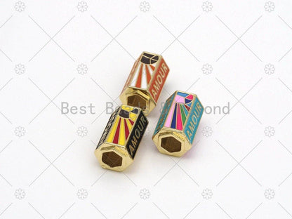 Gold Amour Word with Rainbow Enamel On Hexagon Shape Large Hole Tube Spacer Beads, 18K Gold Filled Drum Beads,14x22mm, Sku#Y530