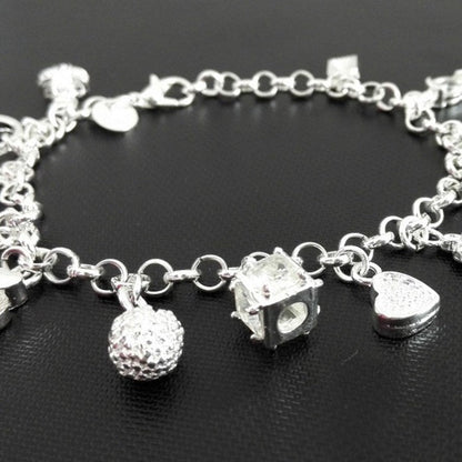 Y2K Multi Mixed Charms Chain Bracelet For Women, Silver Tone Clear Tone Simulated Zirconia Cross Moon Star Heart Key Lock Dangle Hand Jewelry Daily Casual Accessories