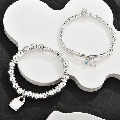 3Pcs Stackable Twisted Silver Bead Bracelet Set For Women, Zircon Horseshoe Charm Open Cuff Bangles, Minimal Cold Style Daily Fashion Jewelry