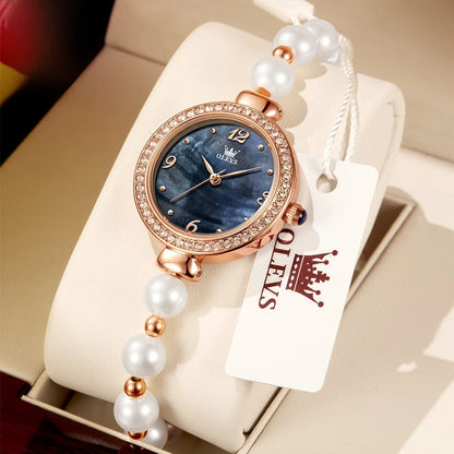Women's Pearl Bracelet Watch Rose Gold Crystal Bezel