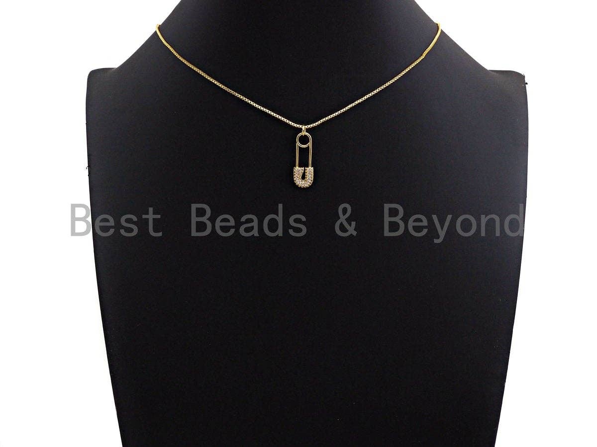 CZ Micro Pave Safety Pin Pendant, Cubic Zirconia Pendant Charm, Gold/Silver/Black, 8x25mm, SKU#Y239