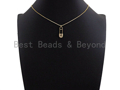 CZ Micro Pave Safety Pin Pendant, Cubic Zirconia Pendant Charm, Gold/Silver/Black, 8x25mm, SKU#Y239