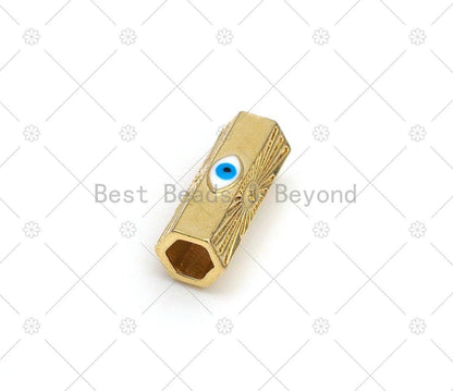 Enamel Evil Eye On Hexagon Shape Large Hole Tube Spacer Beads, 18K Gold Filled Beads, Enamel Tube Spacer,9x23mm, Sku#Y528