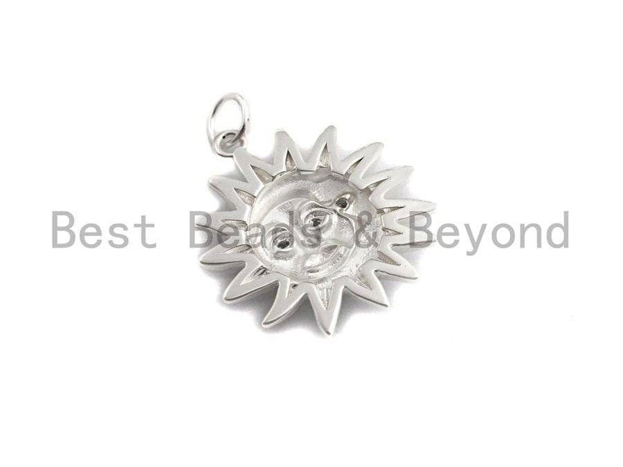 CZ Micro Pave Matte Finish Round With Moon And Sun Pendant/Charm, Indian Pattern Cubic Zirconia Pendant, Silver/Gold Tone,20x22mm,Sku#Y207