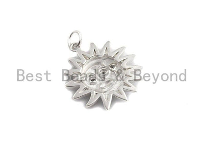 CZ Micro Pave Matte Finish Round With Moon And Sun Pendant/Charm, Indian Pattern Cubic Zirconia Pendant, Silver/Gold Tone,20x22mm,Sku#Y207