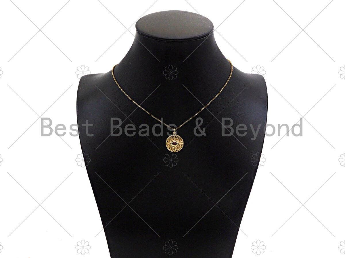 Gold Filled CZ Micro Pave Fuchsia Evil Eye On Round Coin Shape Pendant, 18K Gold Filled Charm, Necklace Bracelet Pendant, 16x18mm, Sku#Y437