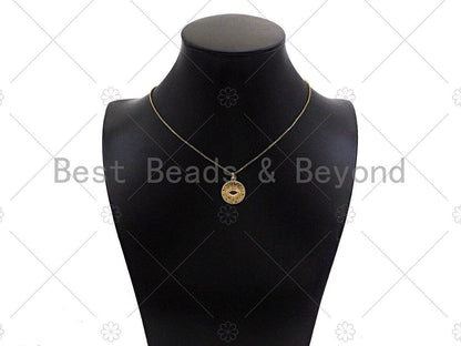 Gold Filled CZ Micro Pave Fuchsia Evil Eye On Round Coin Shape Pendant, 18K Gold Filled Charm, Necklace Bracelet Pendant, 16x18mm, Sku#Y437
