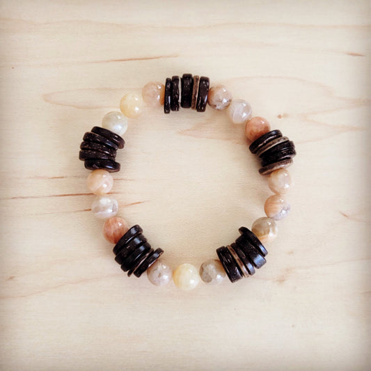**Natural Agate and Wood Beaded Stretch Bracelet 811n