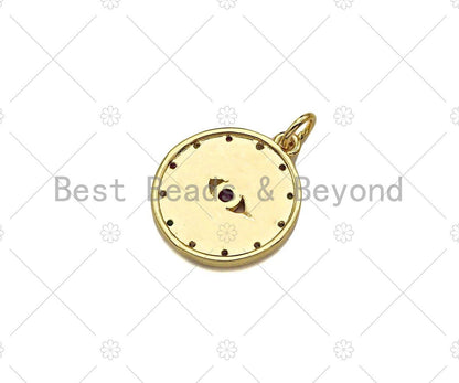 Gold Filled CZ Micro Pave Fuchsia Evil Eye On Round Coin Shape Pendant, 18K Gold Filled Charm, Necklace Bracelet Pendant, 16x18mm, Sku#Y437