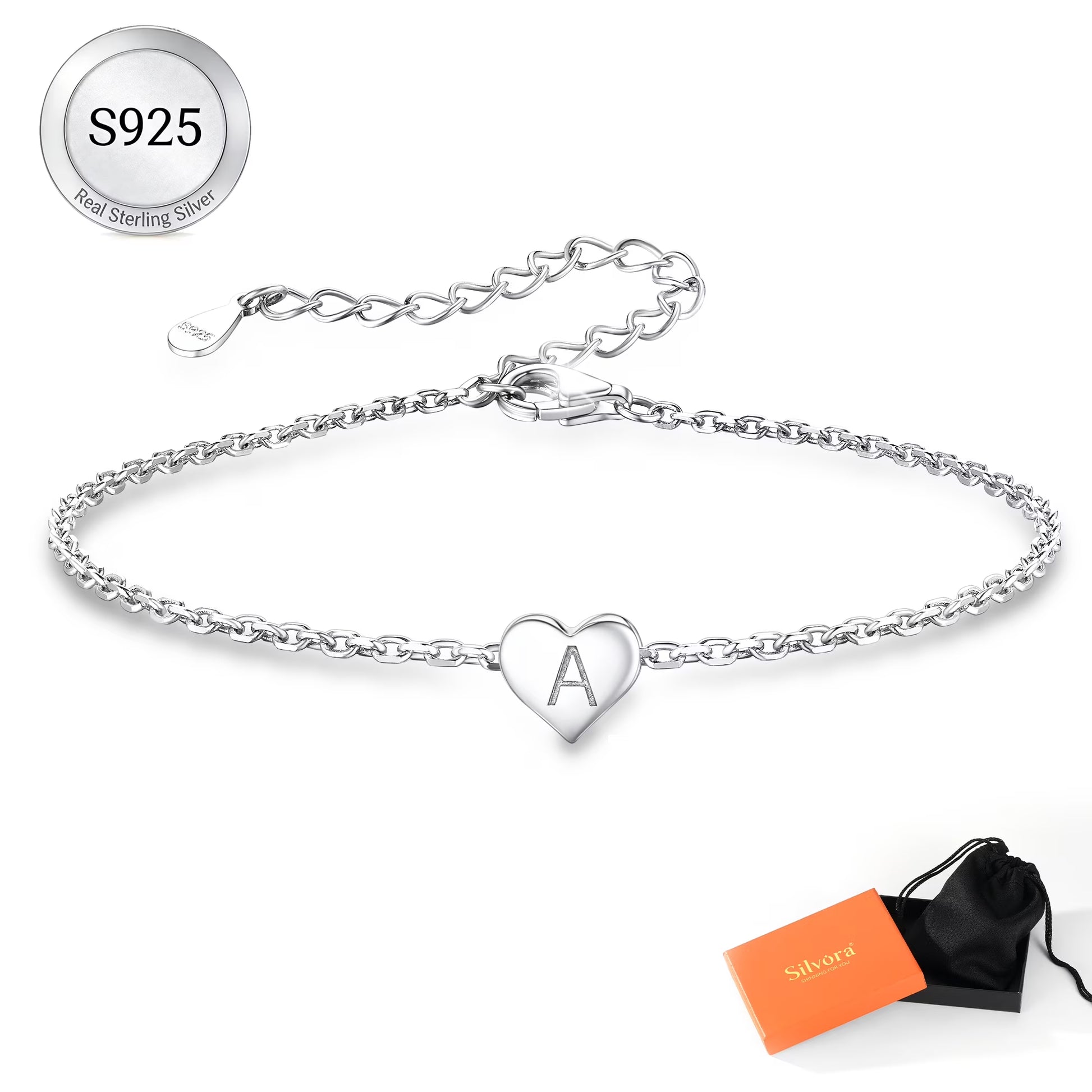 Initial Heart Bracelet for Women 925 Sterling Silver Chain Bracelets Charms Bracelets Birthday Anniversary Jewelry Gift for Daughter Girlfriend - Letter A