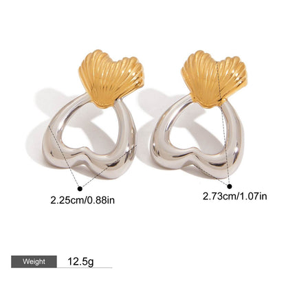 18K gold heart-shaped earrings with gold and silver color matching design, trendy and personalized
