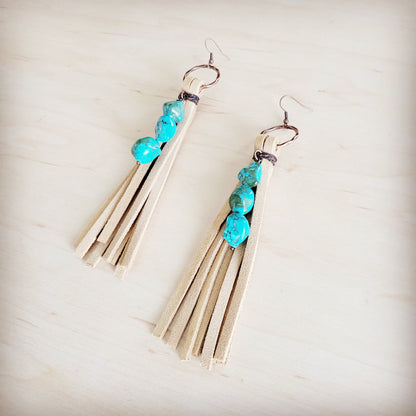 Leather Fringe Earrings with Turquoise Chunks Cream 218q