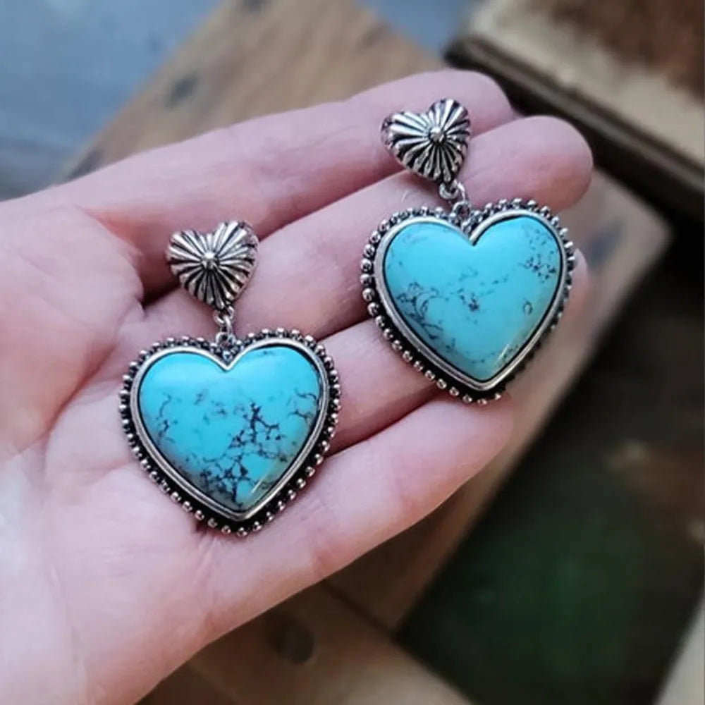 Turquoise Alloy Heart Dangle Earrings - 2 Styles Bumpkin Ranchwear