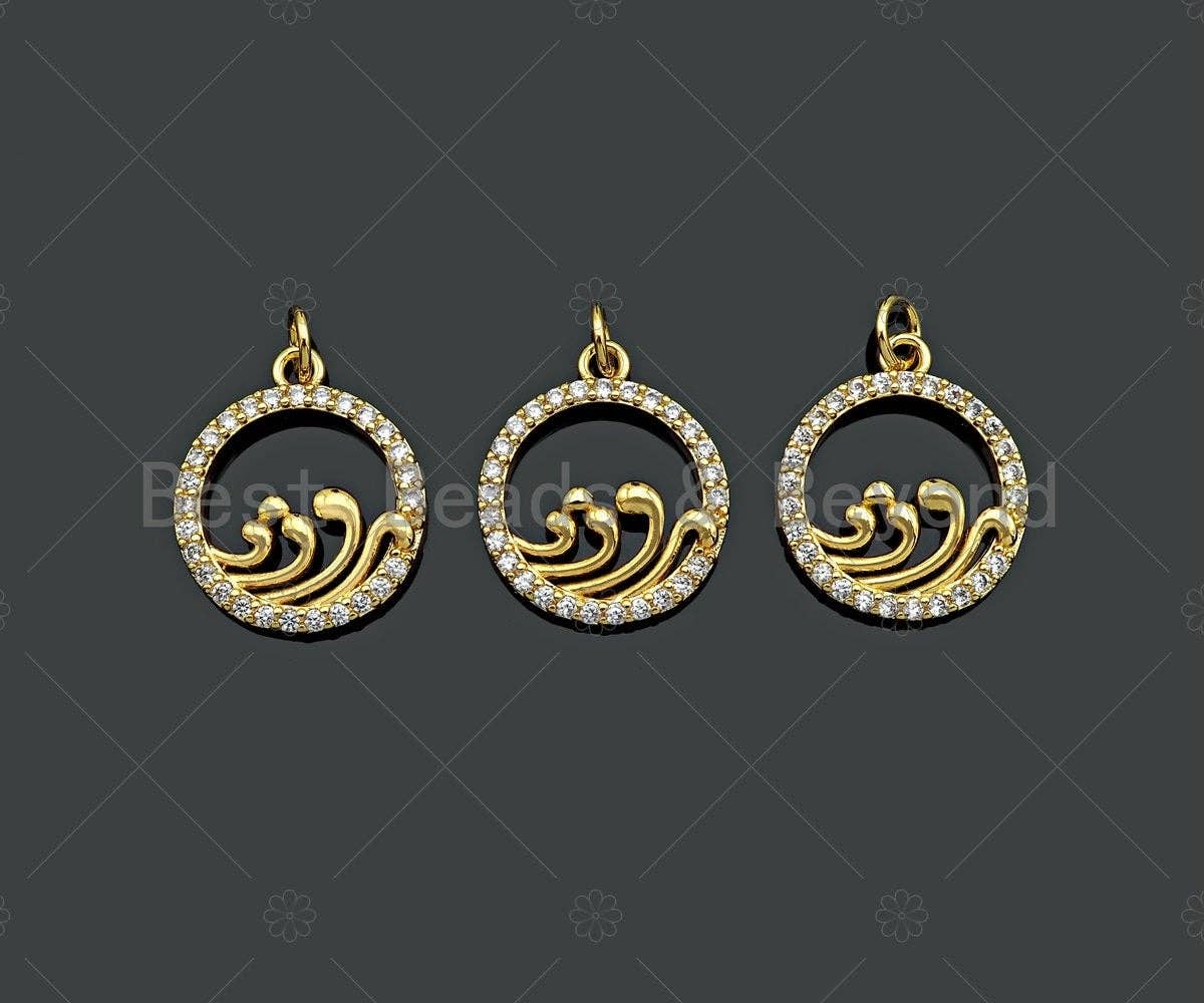CZ Micro Pave Spindrift On Round Ring Pendant/Charm,Cubic Zirconia Water Wave Charm, Necklace Bracelet Charm Pendant,13x14mm, Sku#Y397