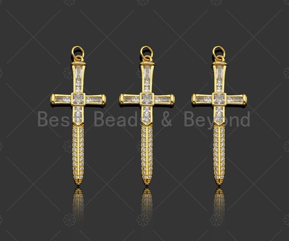 Gold Filled CZ Micro Pave Cross Sword Shape Pendan,18K Gold Filled Cross Charm, Necklace Bracelet Charm Pendant,18x43mm,Sku#Y460