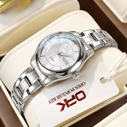 Women's Stainless Steel Watch Black Dial Dual Calendar