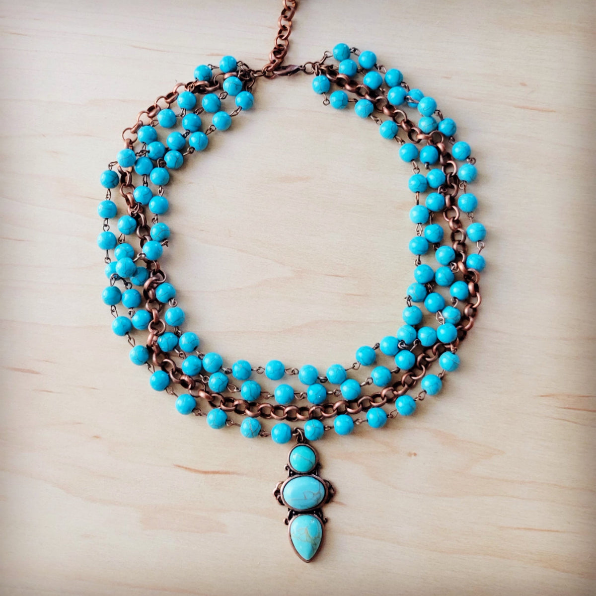 Triple Strand Turquoise & Copper Collar Necklace w/ Droplet Pendant 257lm