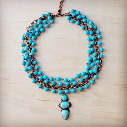 Triple Strand Turquoise & Copper Collar Necklace w/ Droplet Pendant 257lm