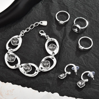 Hollow Geometric Black Crystal Jewelry Set For Women, Adjustable Bracelet Ring Earrings 3Pcs Matching Set, Minimal Cool Fashion Jewelry