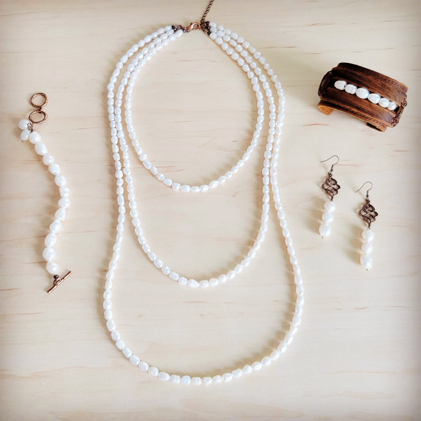 Genuine Freshwater Pearl Triple Strand Layered Boho Necklace 263r