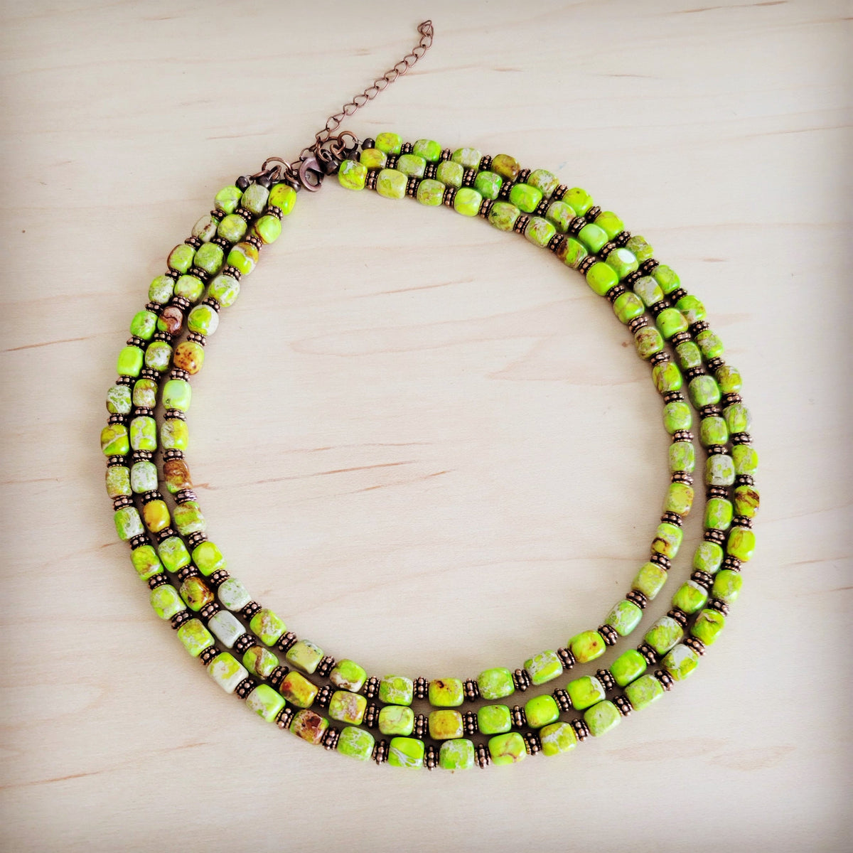 Triple Strand Layered Boho Lime Green Regalite Collar Necklace 264i