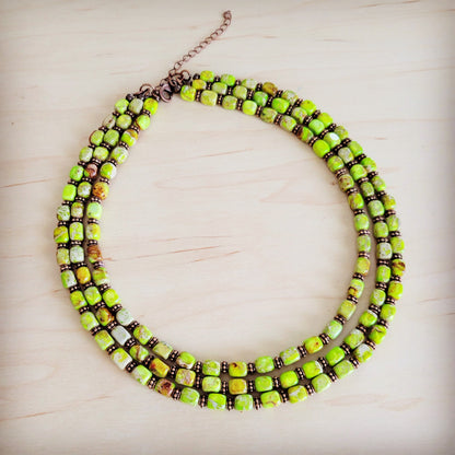 Triple Strand Layered Boho Lime Green Regalite Collar Necklace 264i