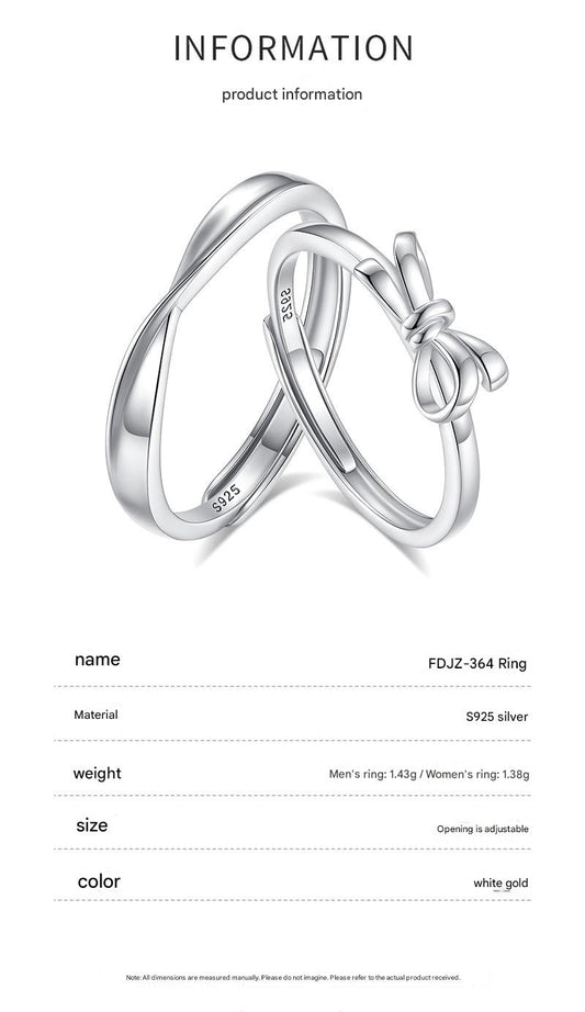 S925 Silver Heart Knot Entangled Couple Bowknot Open Ring