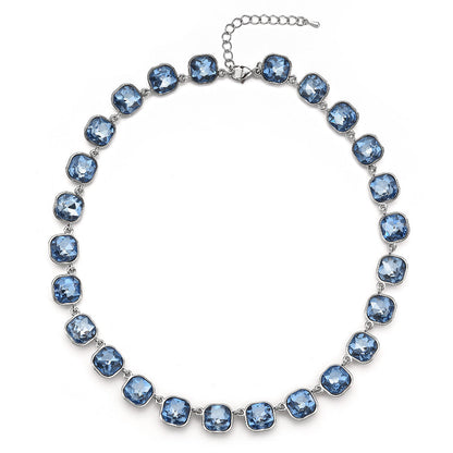 Light Blue Cushion Cut Cubic Zirconia Choker Necklace For Women, Silver Full Inlay Elegant Wedding Party Collarbone Chain Fashion Jewelry