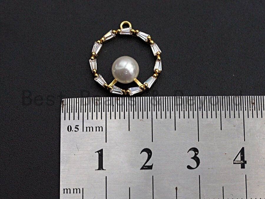 CZ Pave Ring Pendant with White Pearl Charm/Pendant, Pearl Jewelry, CZ Pave Jewelry, 16x18mm, sku#Y235