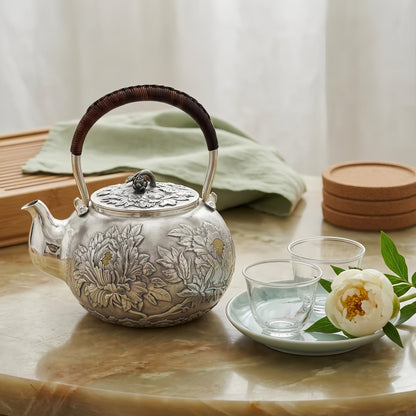 Pure 999 Fine Silver Elegant Silver Teapot with Intricate Peony Engravings and Traditional Woven Handle - Handicraft