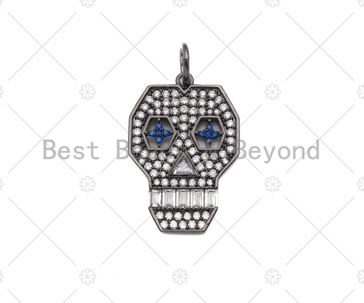 CZ Micro Pave Hollow Out Blue Eye Skull Shape Pendant/Charm, Bracelet Necklace Cubic Zirconia Pendant Charm, 27x18mm,sku#Y408