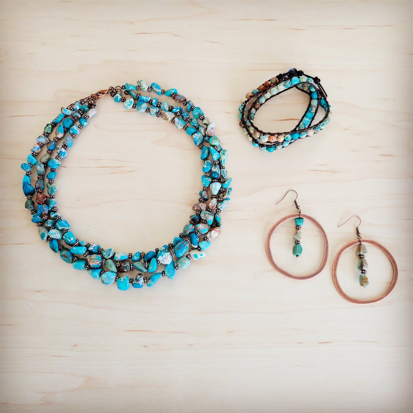 Triple Strand Genuine Regalite Beaded Collar Necklace with copper 263n