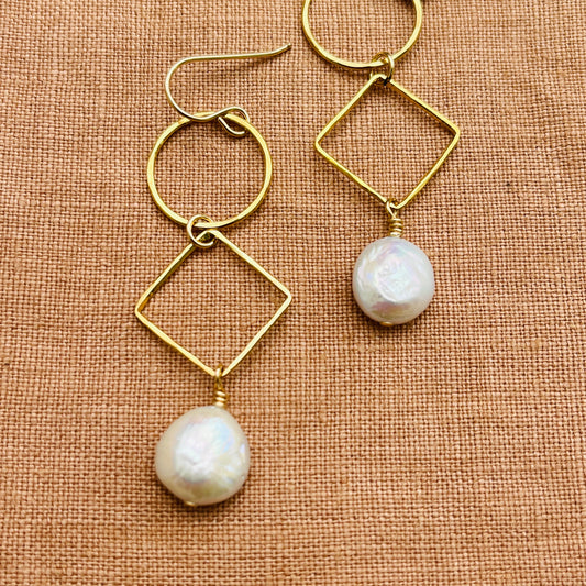 14k gold filled CIRCLE AND DIAMOND DANGLE COIN PEARL EARRINGS