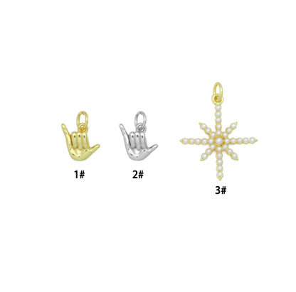 Gold Silver Shaka Hand Gesture Pearl North Star Pendant charm, Sku#A511