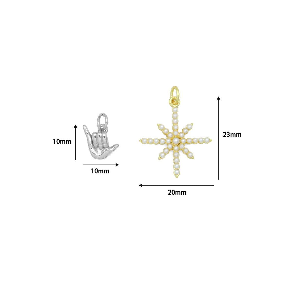 Gold Silver Shaka Hand Gesture Pearl North Star Pendant charm, Sku#A511