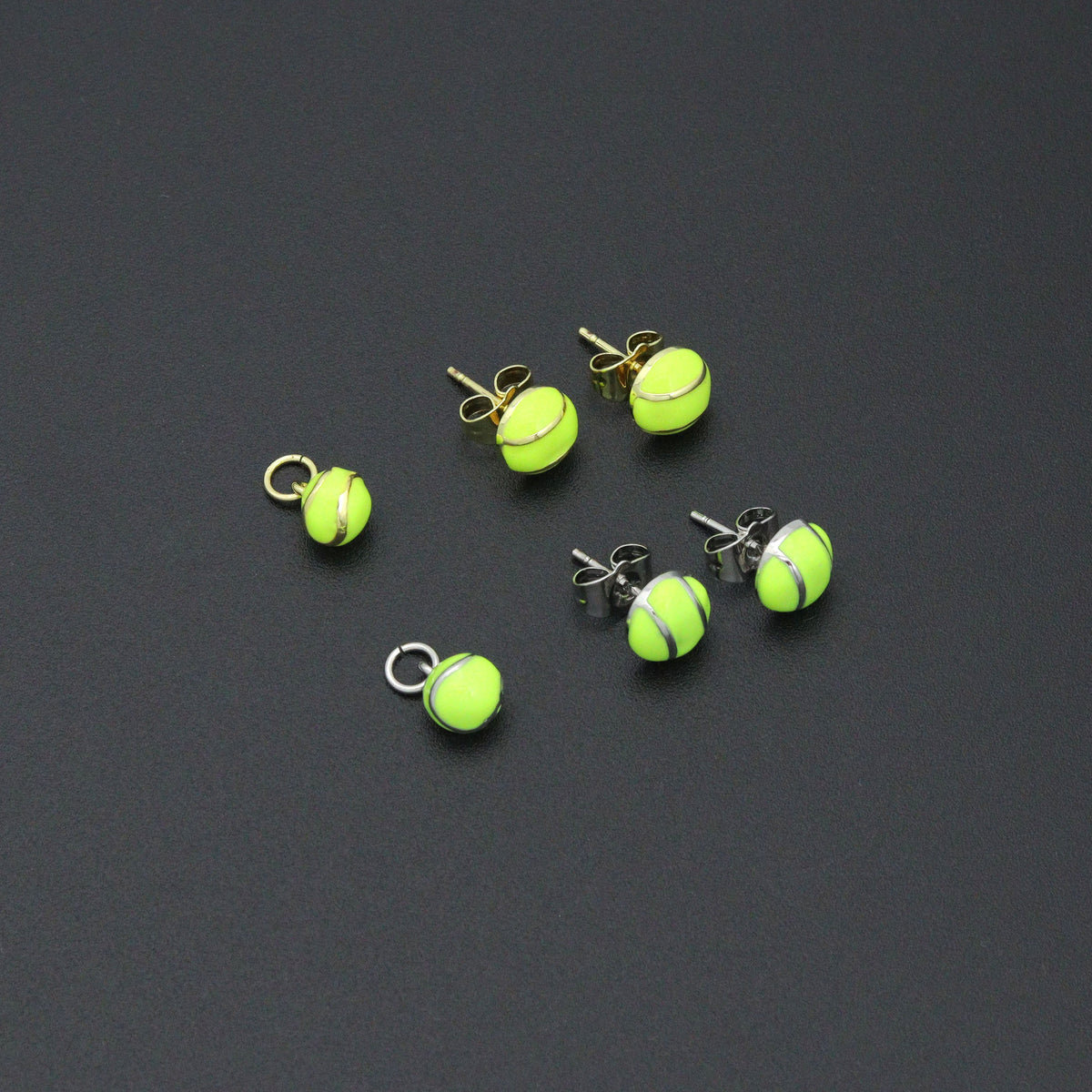 Gold Silver Tennis Ball Stud earrings, Sporty Tennis Ball Charms, Sku#A521