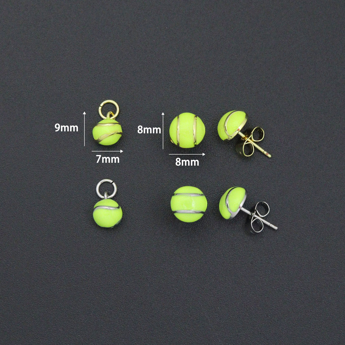 Gold Silver Tennis Ball Stud earrings, Sporty Tennis Ball Charms, Sku#A521