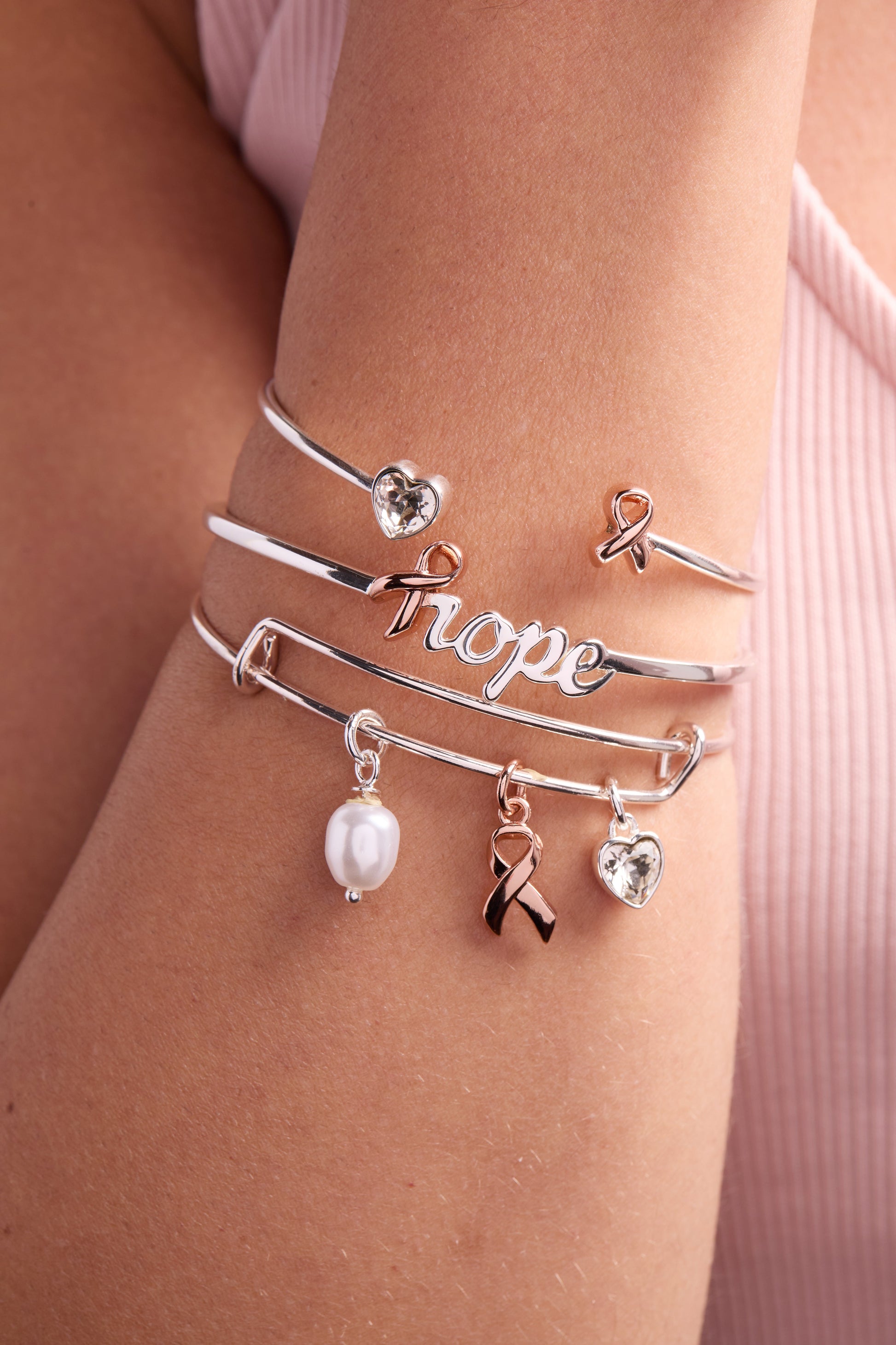 Breast Cancer Awareness Pink Ribbon Trio Charm Bangle ALEX AND ANI