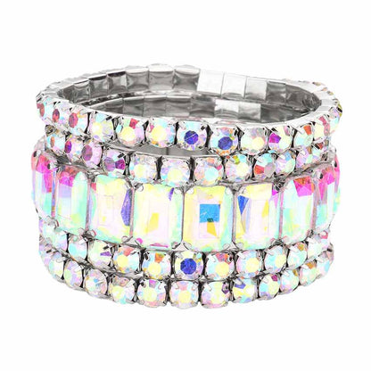 Women's 5Pcs Rectangle Round Stone Stretch Multi Layered Bracelets