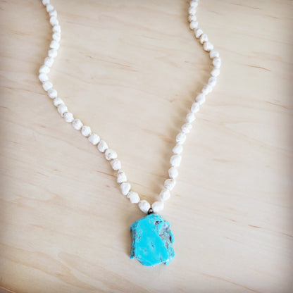 Long White Turquoise Beaded Necklace w/ Turquoise Pendant 263d