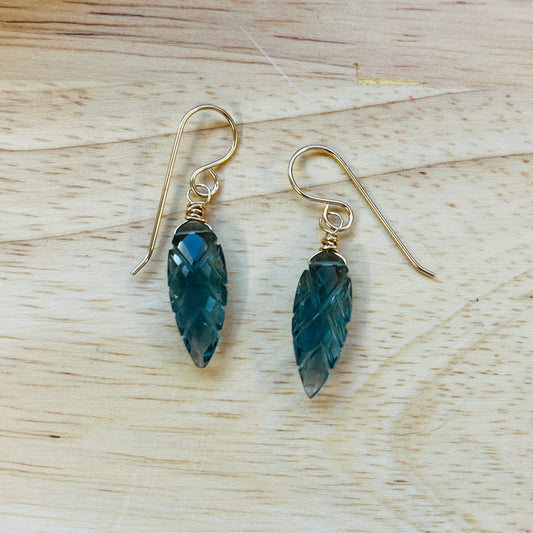 14k gold filled LONDON BLUE QUARTZ HANDCARVED LEAF EARRINGS