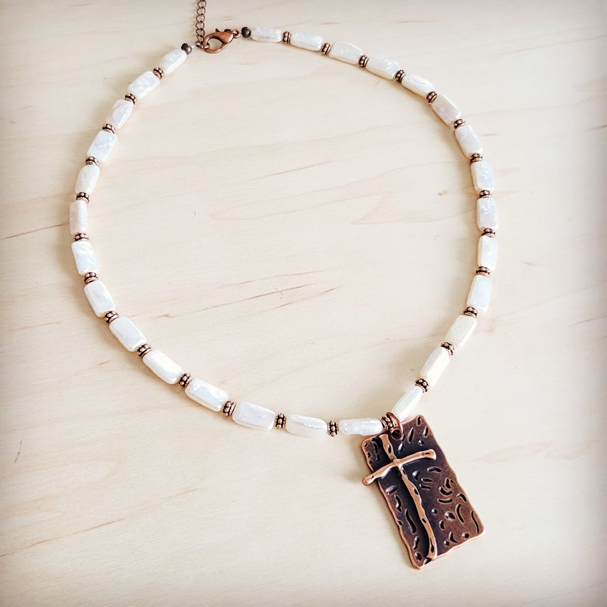 Rectangle Freshwater Pearl & Copper Necklace w/ Antique Cross Pendant 264a
