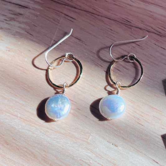 14k gold filled or sterling silver WANDERLUST COIN PEARL EARRINGS