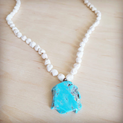 Long White Turquoise Beaded Necklace w/ Turquoise Pendant 263d
