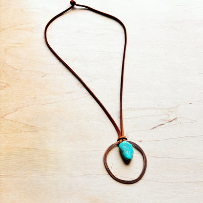 Leather Cord Necklace Antique Gold Hoop & Natural Turquoise  254v